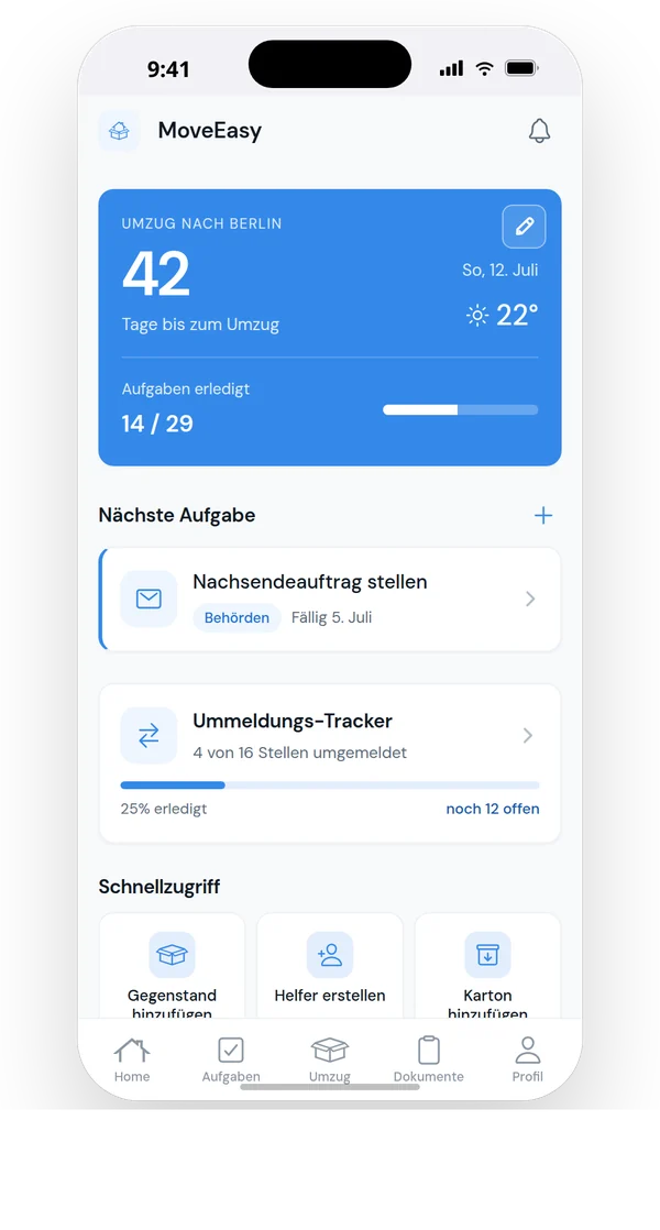MoveEasy Startbildschirm mit Countdown bis zum Umzug und nächsten Aufgaben