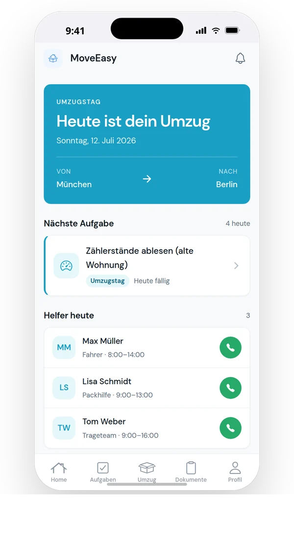 MoveEasy am Umzugstag mit Helfer-Übersicht und Anruf-Funktion