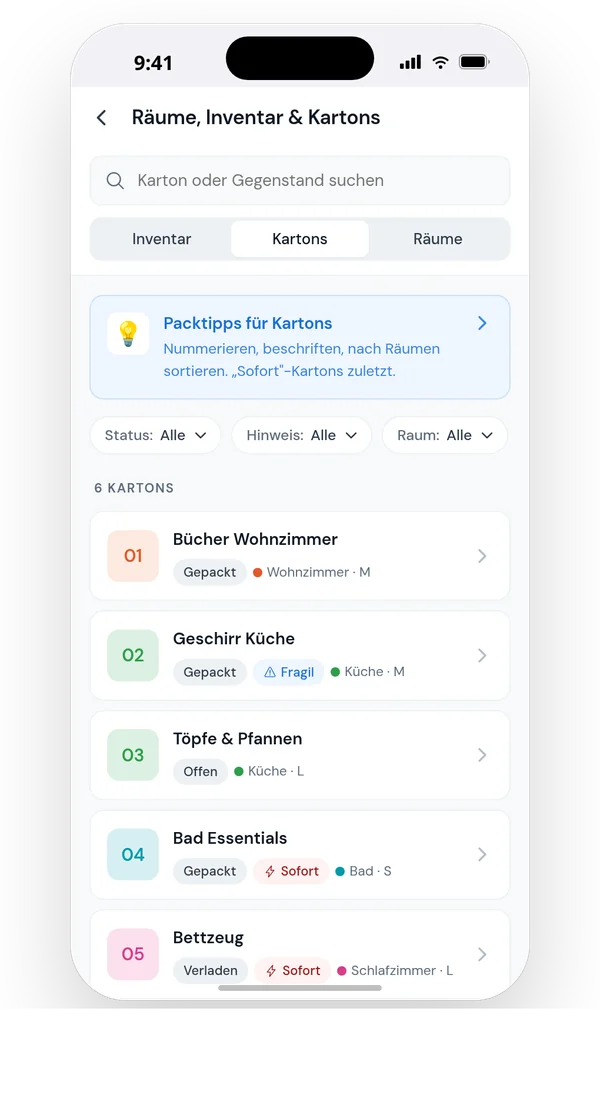 Räume, Inventar und Kartons mit Pack-Status in MoveEasy