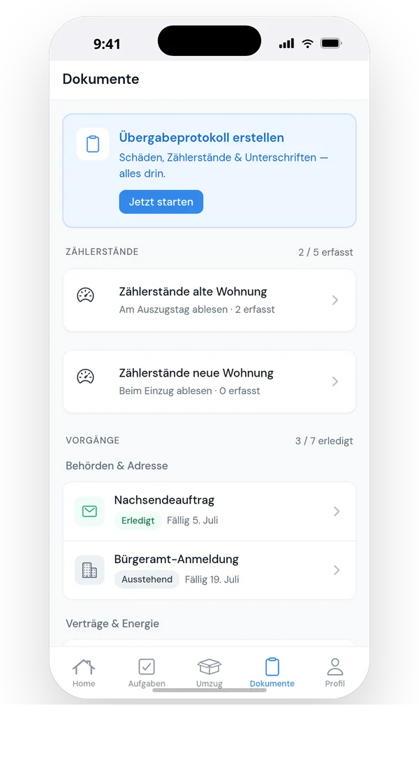 Dokumente, Zählerstände und Behördenvorgänge in MoveEasy